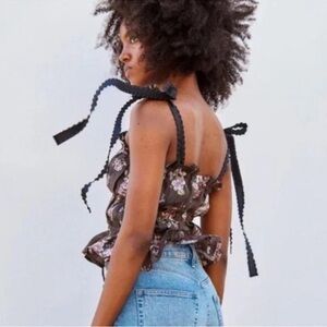 Brock Collection x H&M Top Womens XL Brown Floral Tie Straps Sleeveless Boho EUC